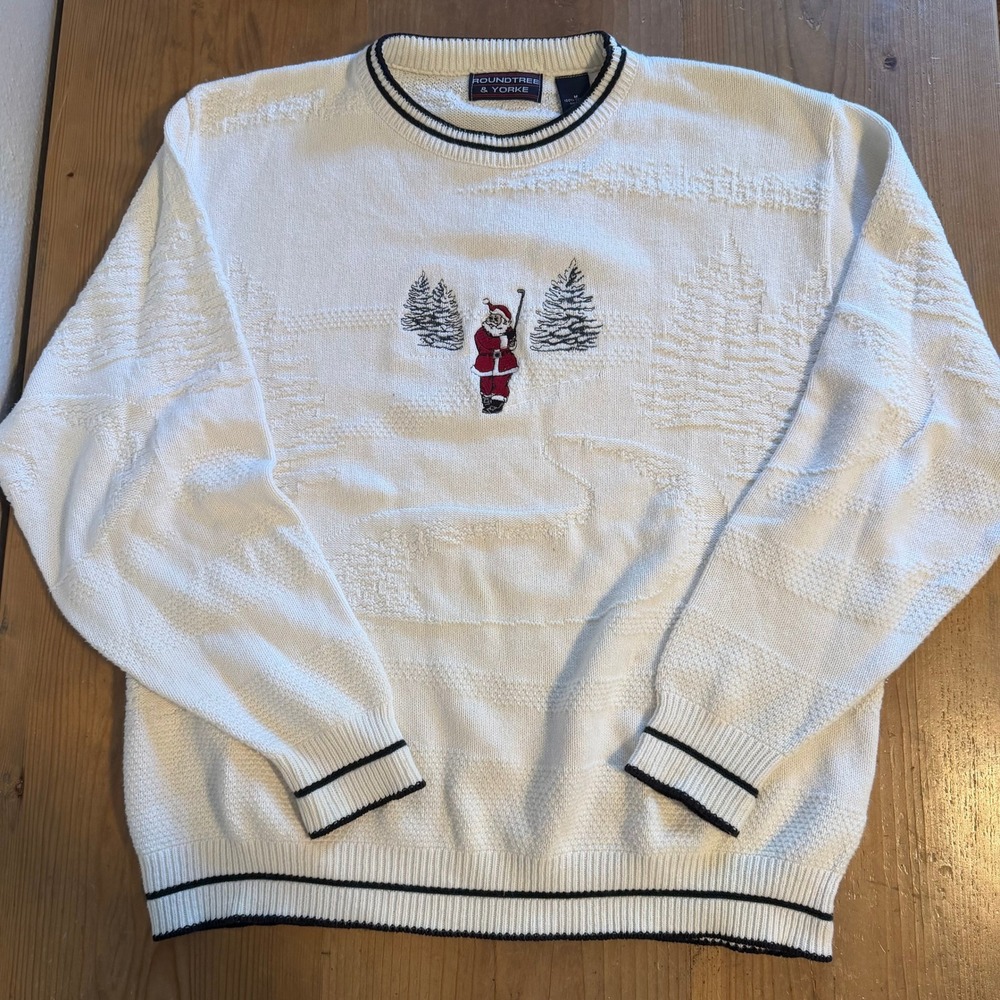Roundtree & Yorke Mens Golfing Santa Christmas Sweater White Cotton Textured M